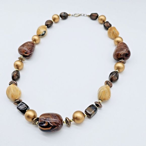 Marbled Faux Stone Necklace Chunky Statement Brown Camel Gold Beaded Jewelry - Picture 2 of 6